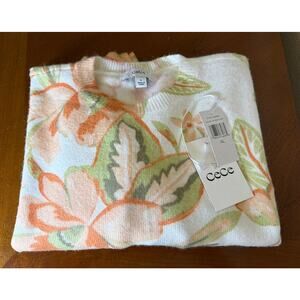 CeCe Women Sweater Ivory Peach Green Long Sleeve Floral Crewneck XL NWT